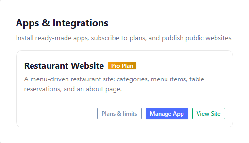Apps section showing the Restaurant app card