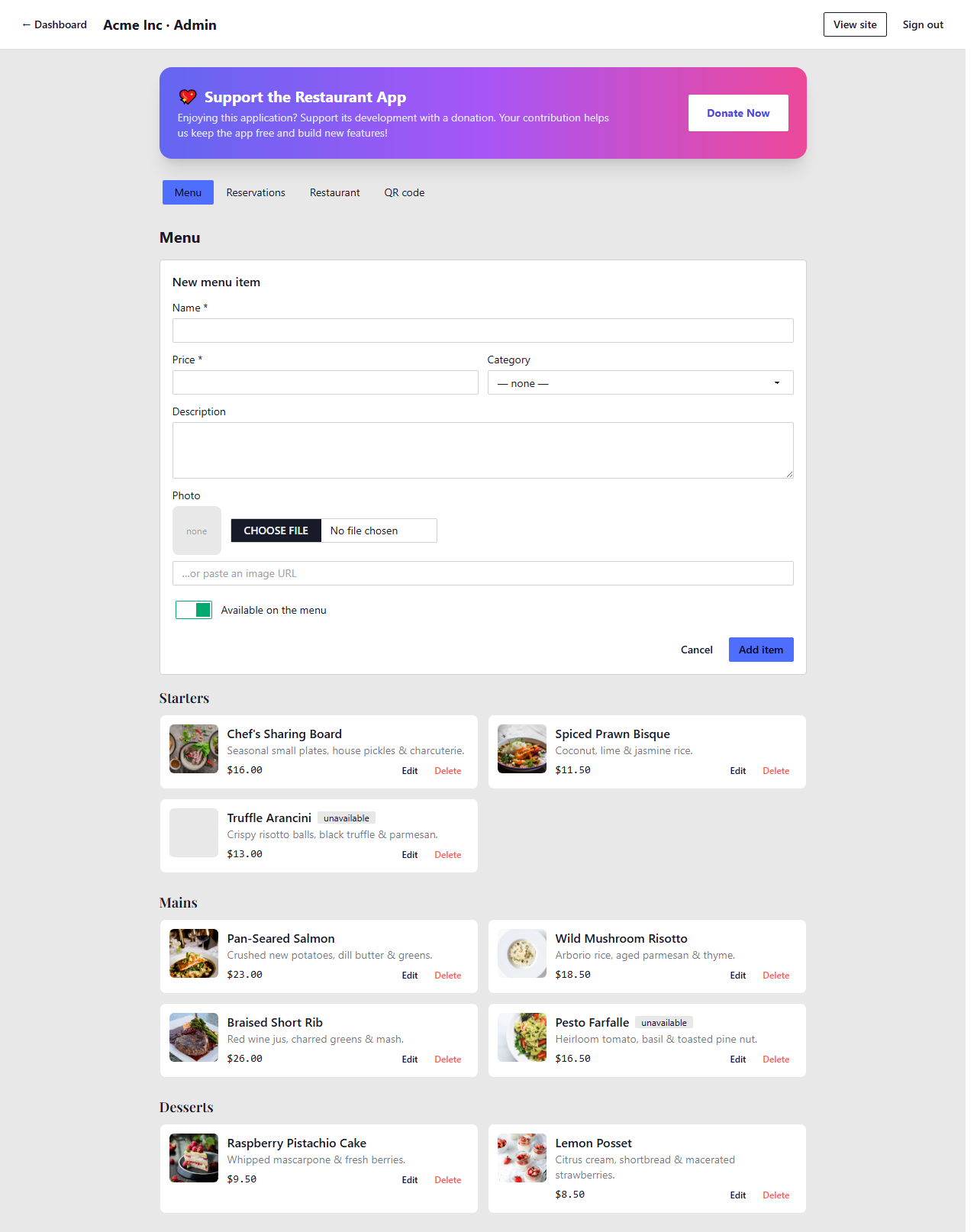 Add menu item form