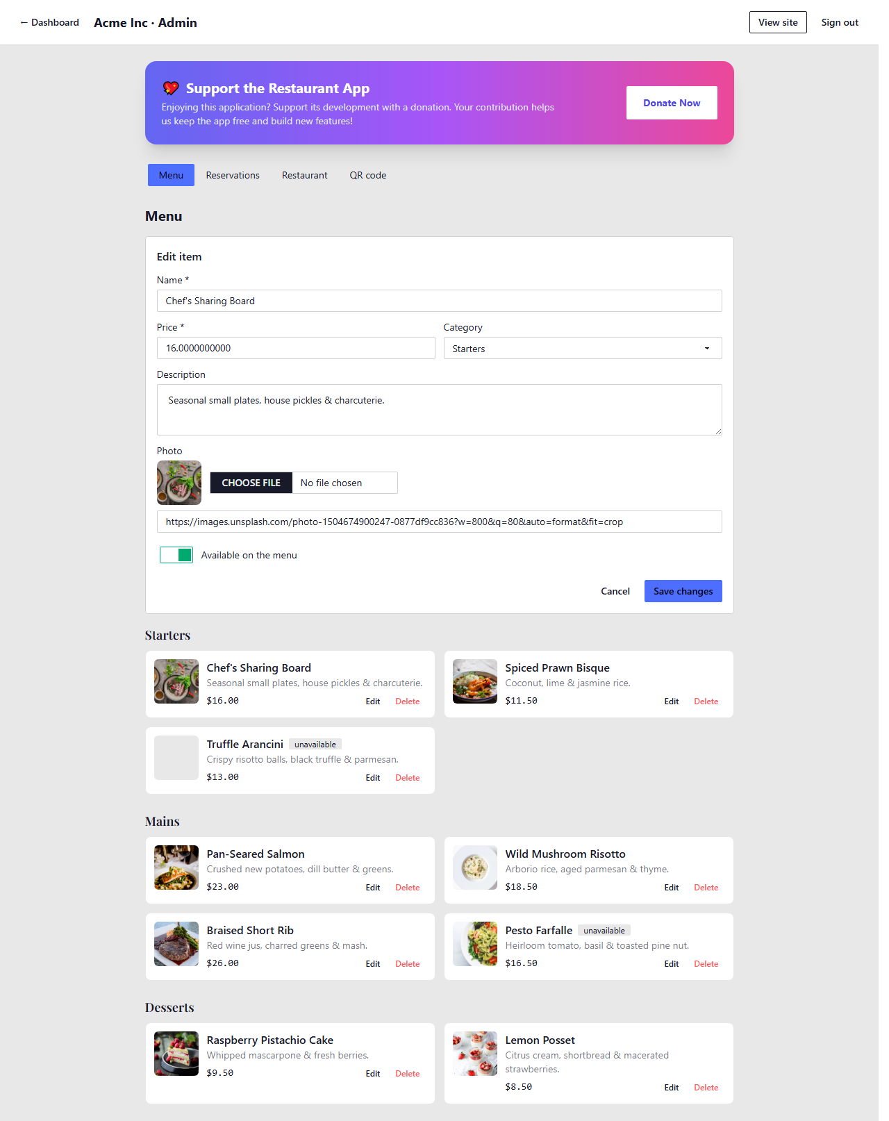 Edit menu item form pre-filled with existing data