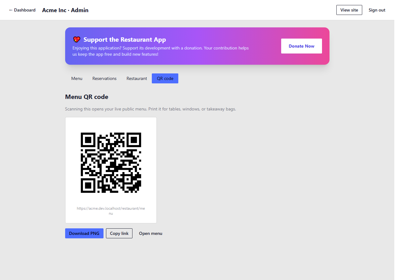 QR code tab in Restaurant Admin