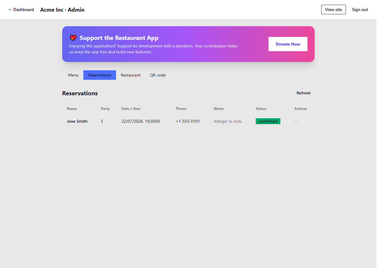 Reservations tab in Restaurant Admin