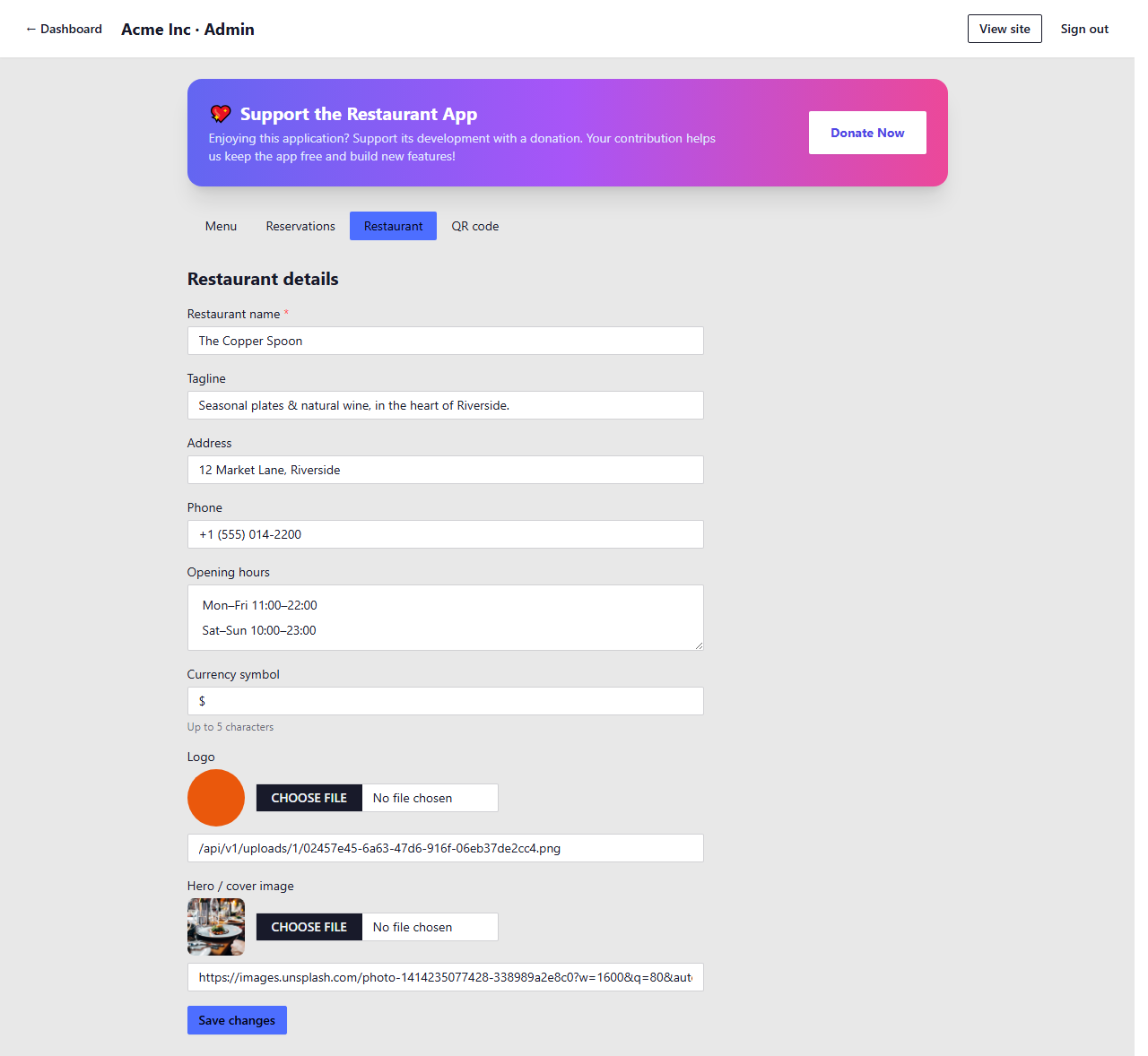 Restaurant admin settings tab